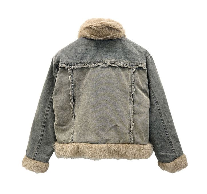 Fur trimmed quilted denim jacket