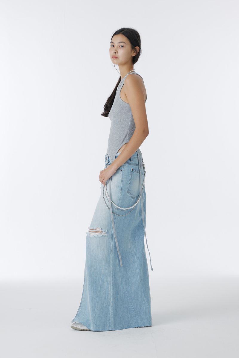 DAMAGED LONG DENIM SKIRT (BLUE)