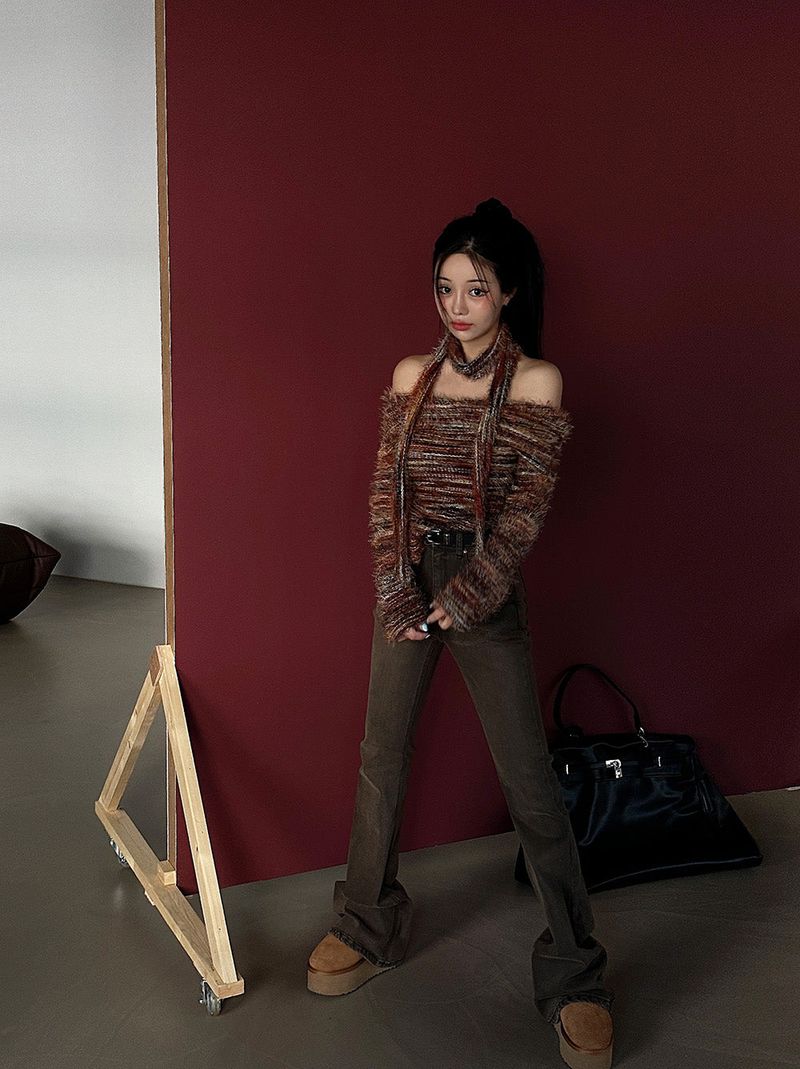 Muffler SET Off-Shoulder Mixed Knitwear