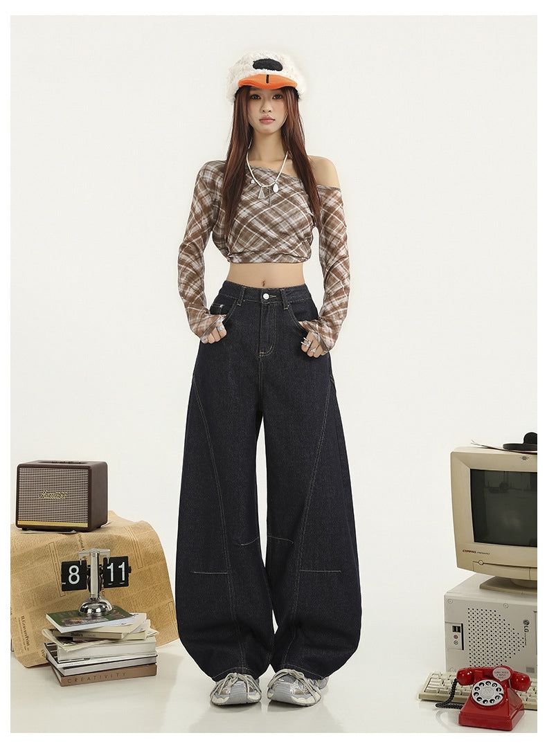 Navy-cut High-waist Mixed Denim Pants