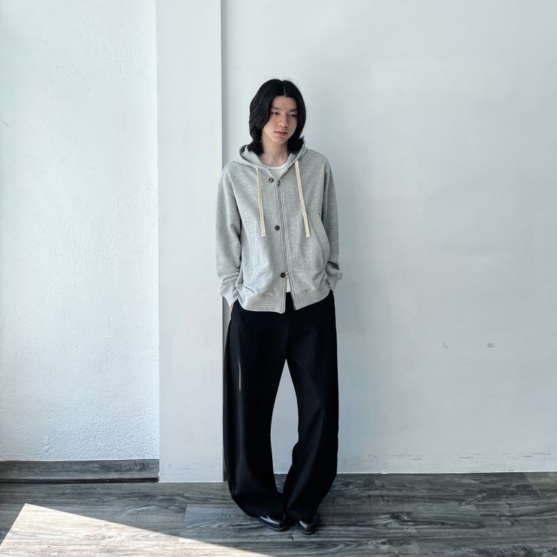 Button Detail Thick Drawstring Zip Hoodie