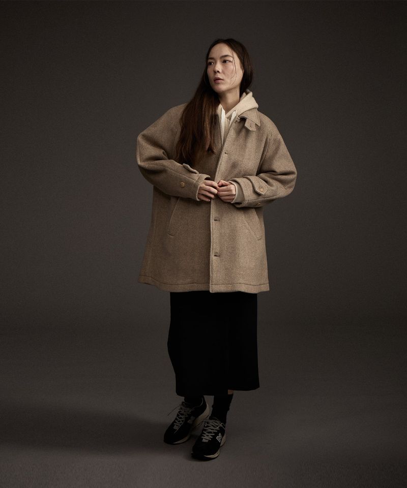 W BALMACAAN HERRINGBONE WOOL CASHMERE HALF COAT BEIGE