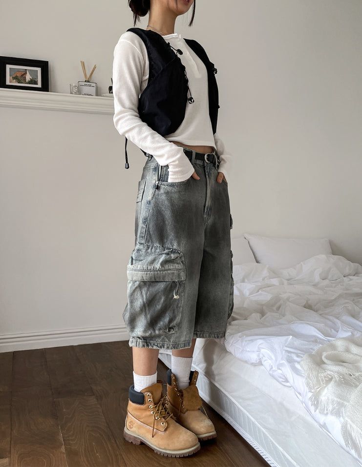 Burn dirty washing utility pocket bermuda pants