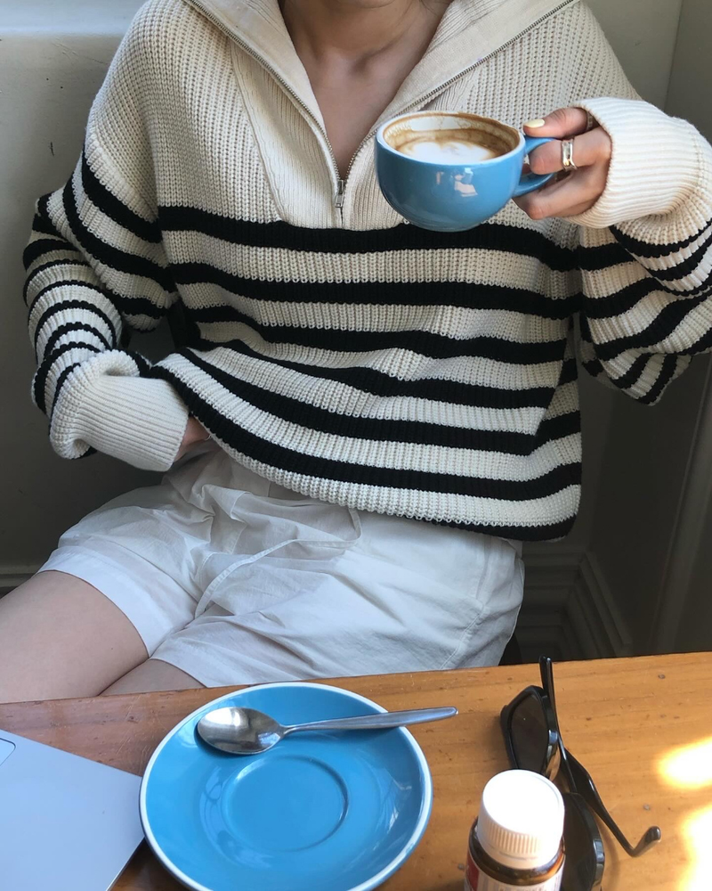 [MADE] ストライプジップアップニット - クリーム