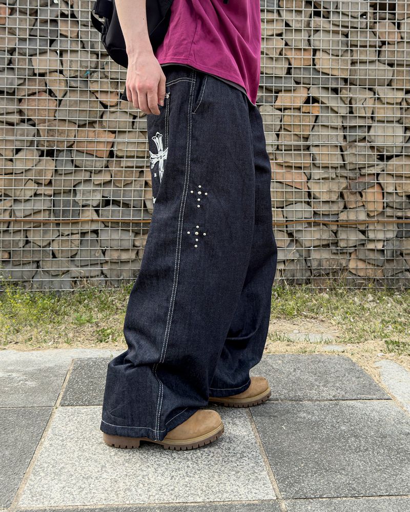 Bone Cross Stud Wide Denim Pants