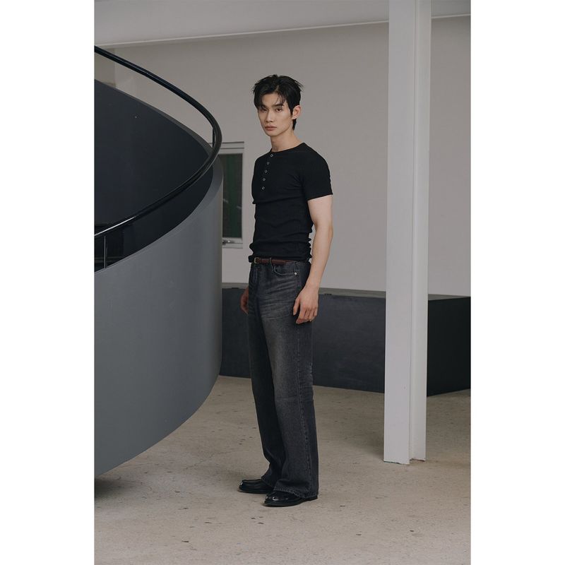 High ribbed henry neck half sleeves(Black)