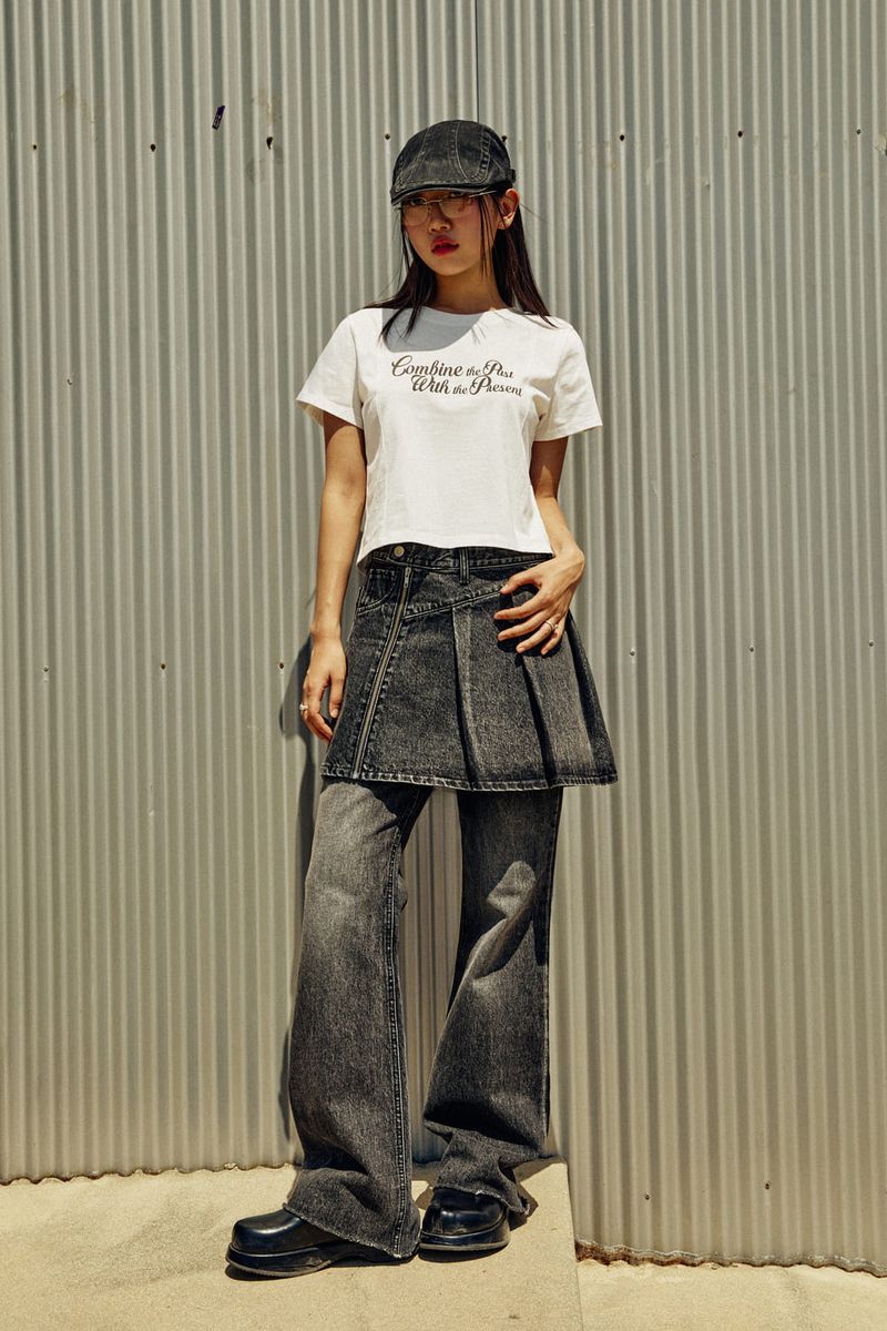 GUBIN（グビン）の「(w) Pleated line skirt denim pants（Pants）」