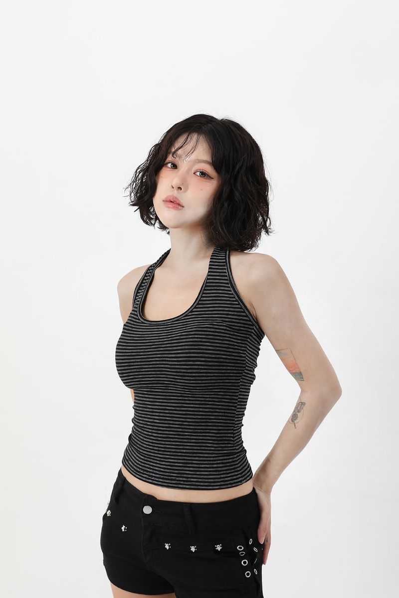 Stripe Haulter Neck Sleeveless