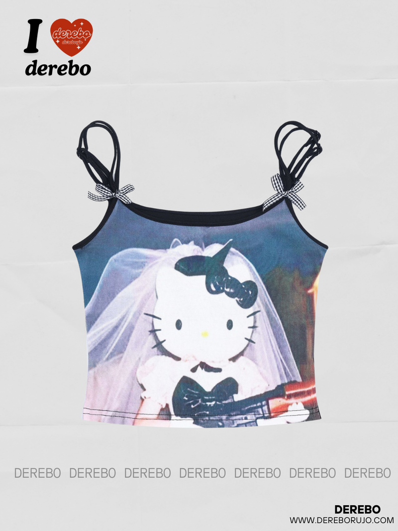 Fuzzy Cartoon Bow Sleeveless Camisole Tea