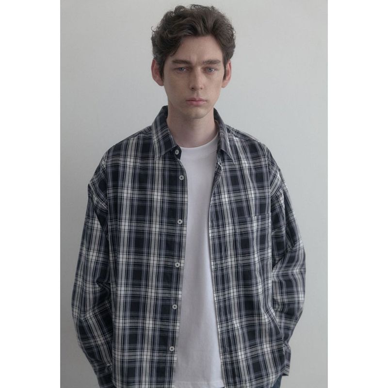 Vintage Washing gray blue check shirts