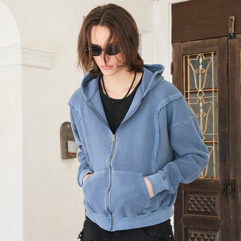 Raw Pigment Waffle Hood Zip Up Blue