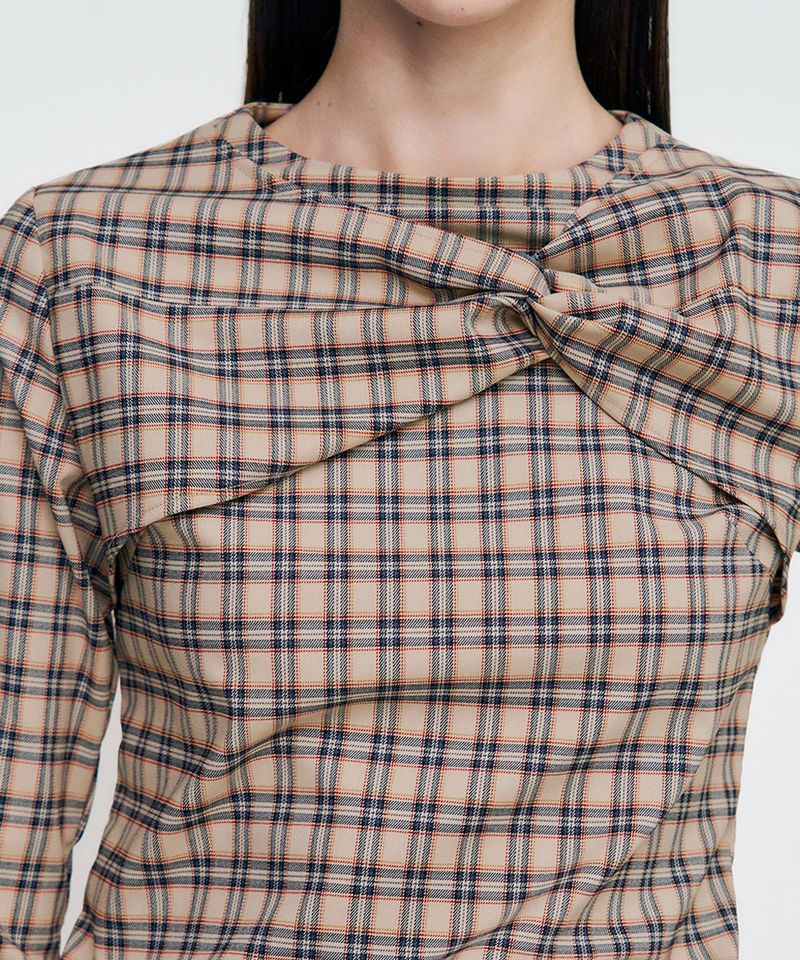 Twisted Check High-neck Top _ BEIGE