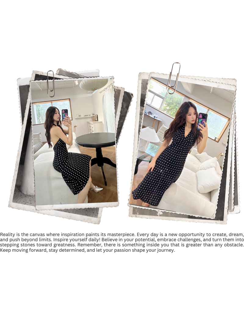 dot halter-neck sleeveless V-neck long dress