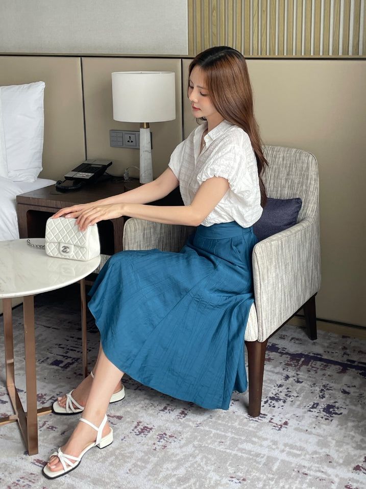 Kusha Collar Balloon Sleeves Seersucker Blouse