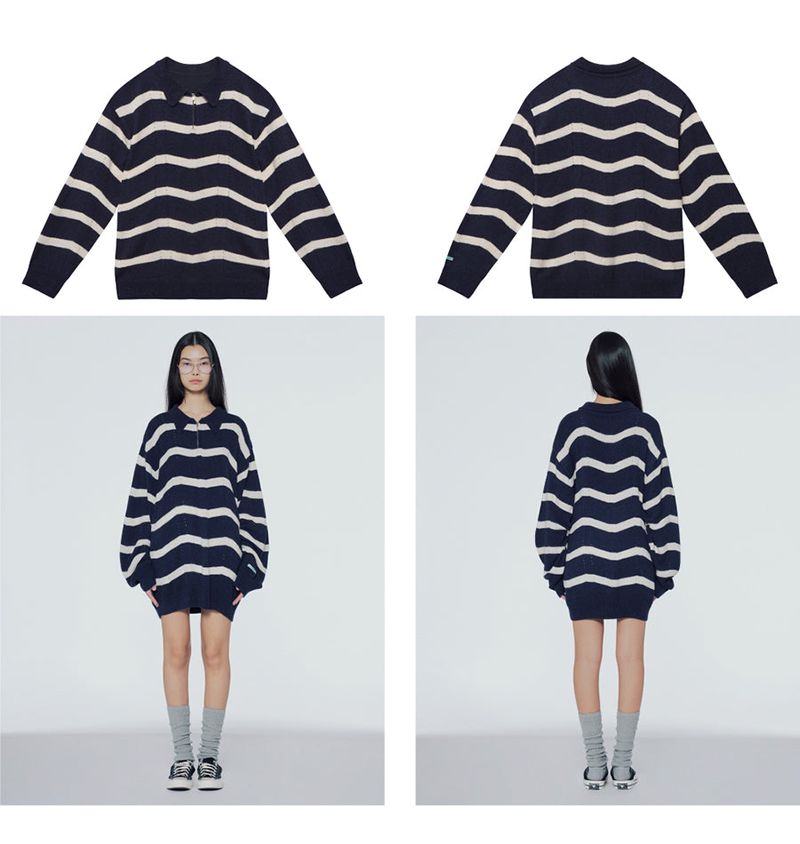 Striped half-zip boucle sweater
