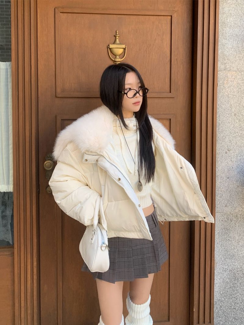 Ice Bloom Fur-Collar Duck Down Short Puffer