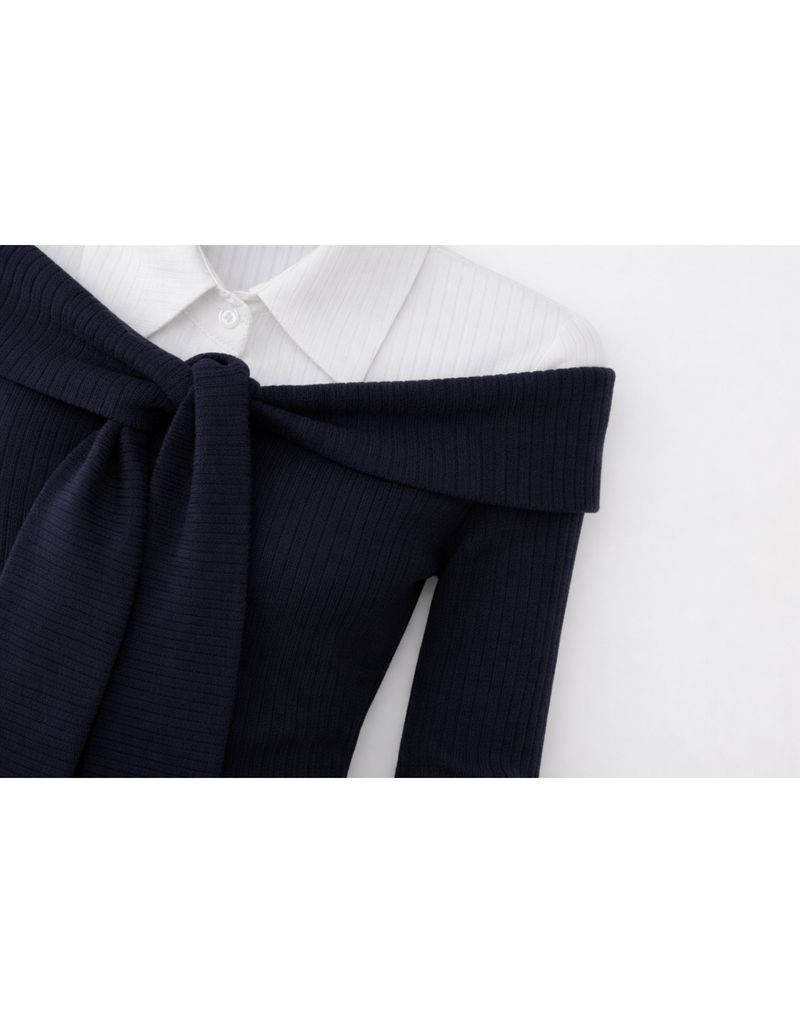 Ellie Off-Shoulder Tie Ribbed Knit Navy