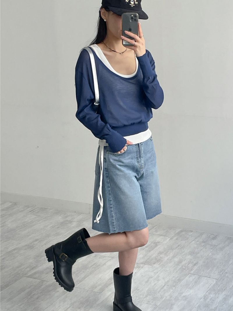 Out Half-Length Wide Denim Pants