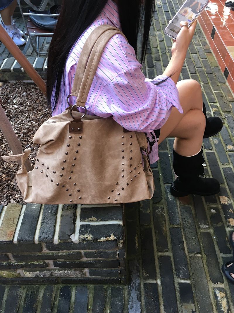 Vintage Denim Stud Big Shoulder Bag