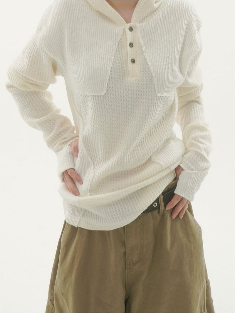 Woksta henley neck finger hole hood knit -3C