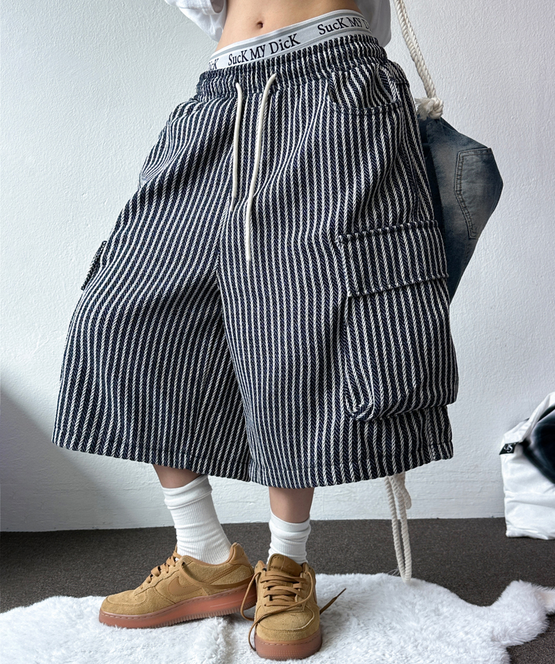 STRIPE CARGO BALLOON BERMUDA 💙🖤🤍2COLOR