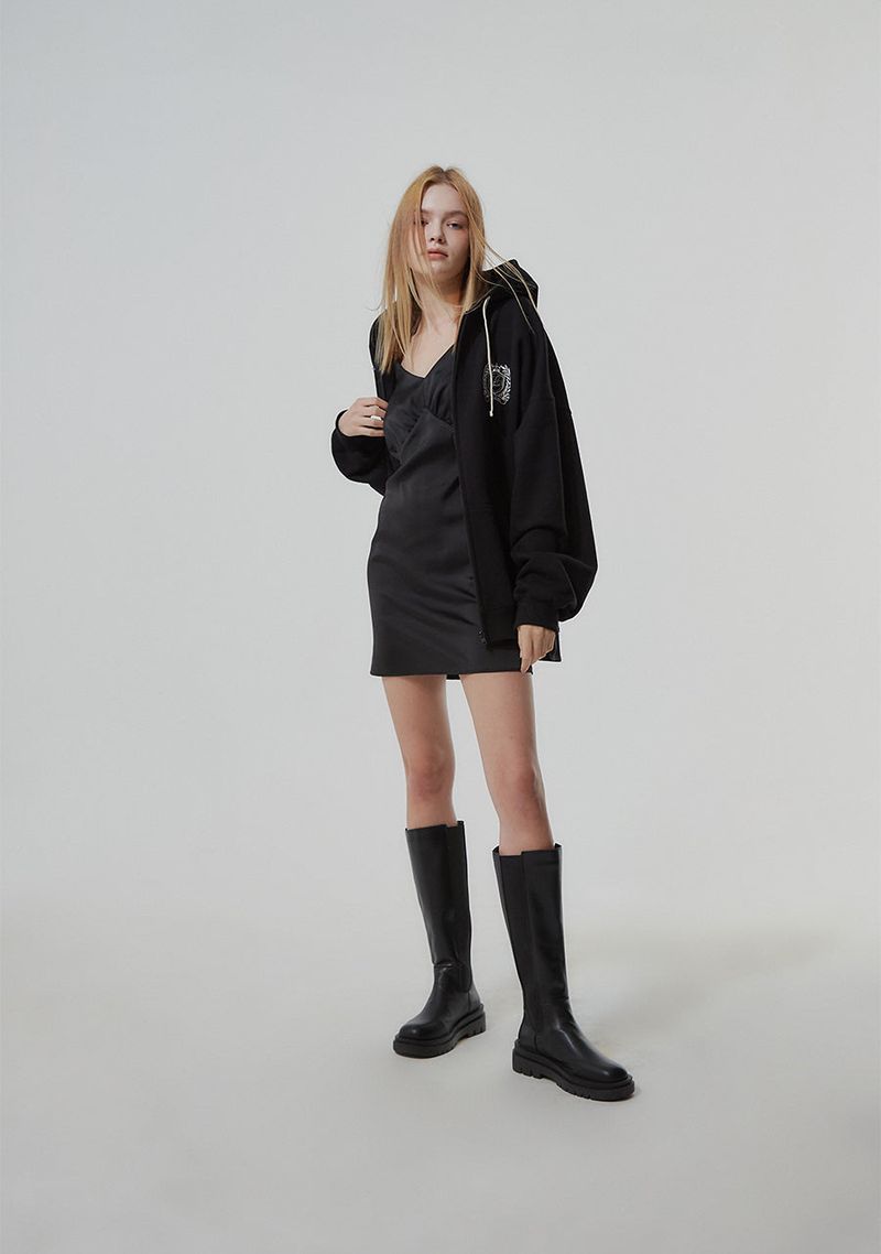 HEAVY WEIGHT OVERFITTED UNIVERSITY LOGO EMBROIDERY HOODIE ZIP UP_ BLACK