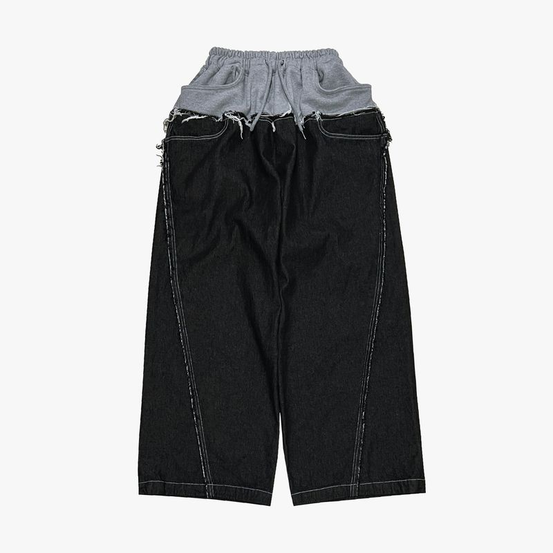 layered deconstructed denim pants_black