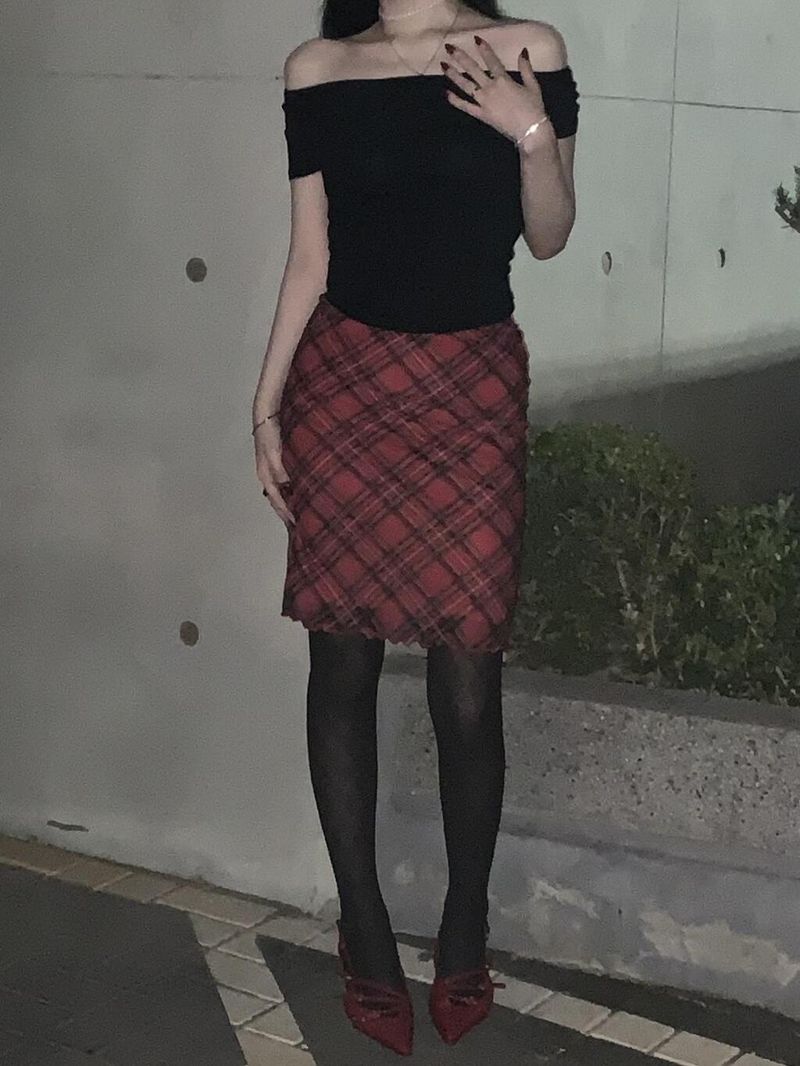 Check Red Midi Skirt