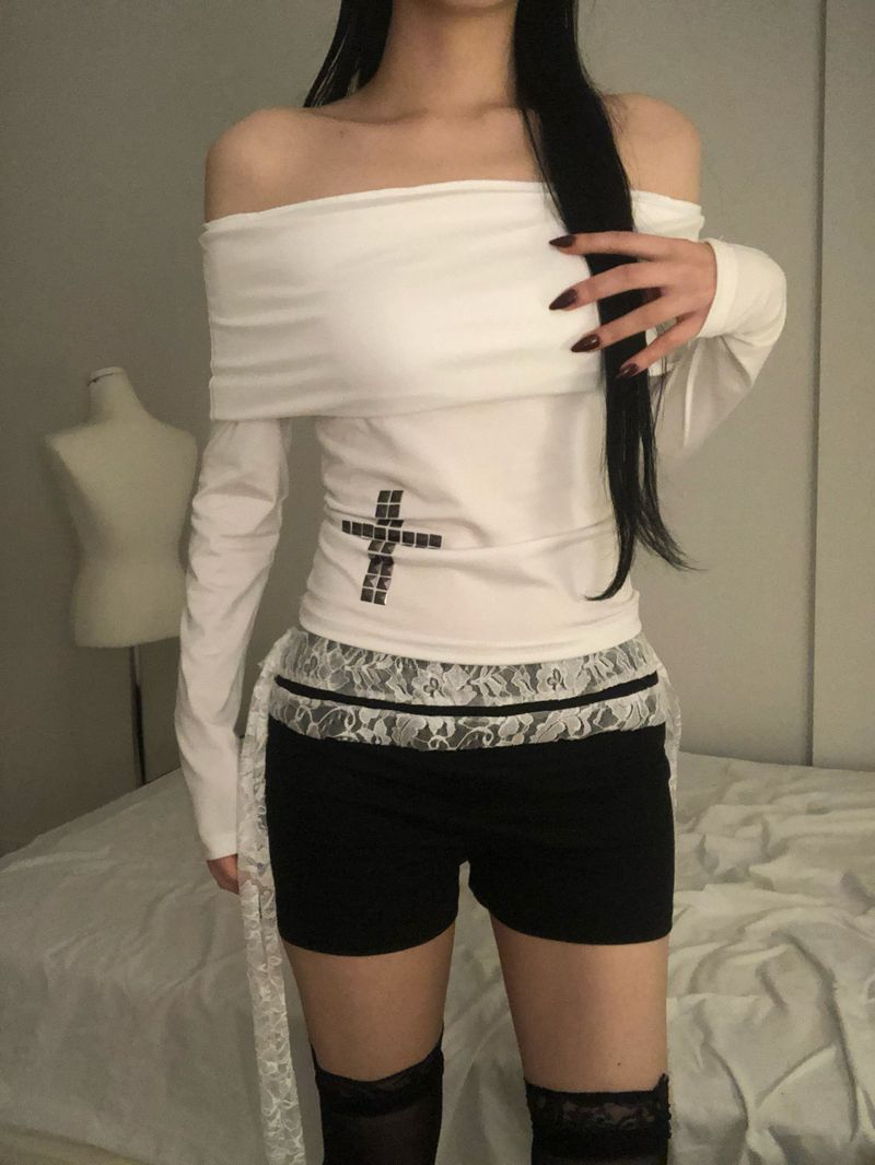 Crystal Stud Cross Off-Shoulder T
