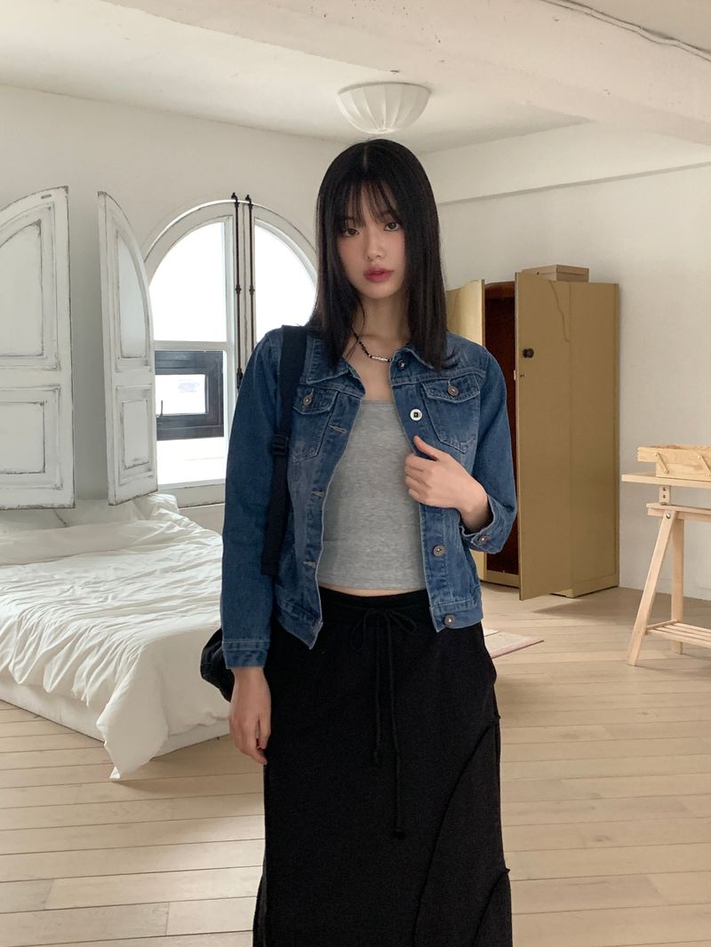 Turned damage slim fit denim jacket