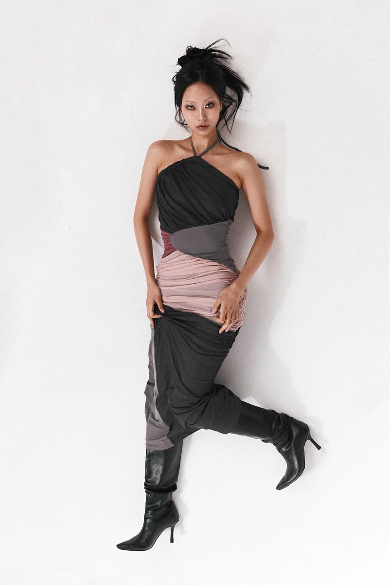 SHIRRING HALTERNECK DRESS #GRAY
