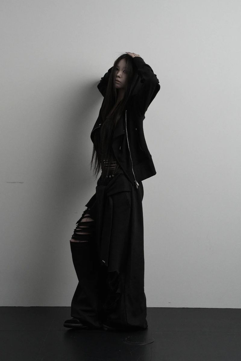 [label] layered tie damage wide pants (black)