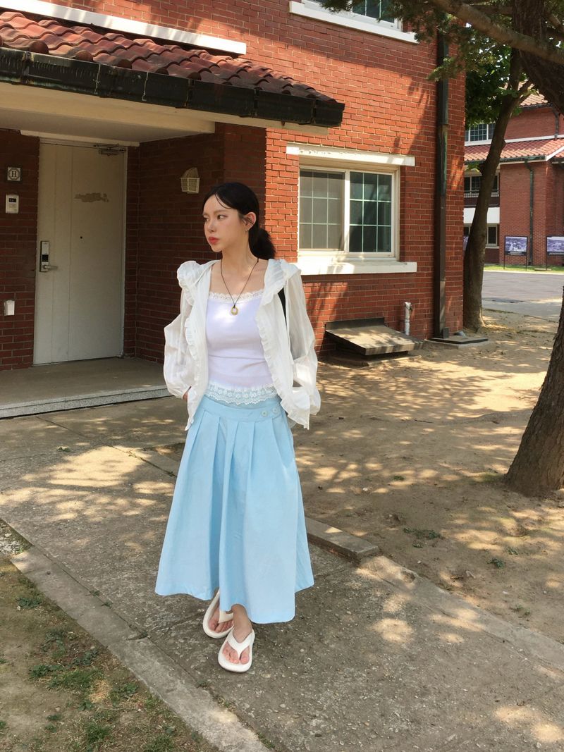 Button Minimal Pin-tuck Sagging Skirt (3c)