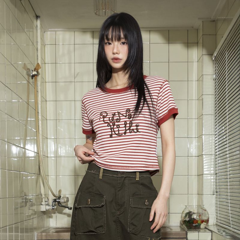 XTONZ（エクストンズ）の「WXT040 Cupid Stripe Short Sleeve (BRICK)（Tops）」