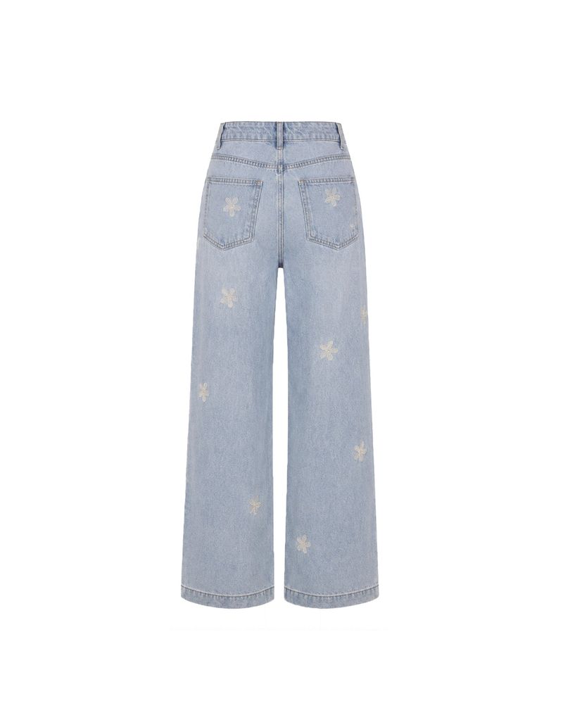 Uline Flower Wide Denim Pants Light Blue