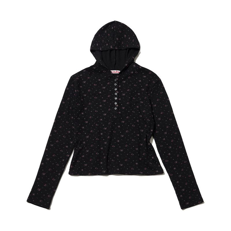 FLOWER WAFFLE BUTTON HOODIE - BLACK