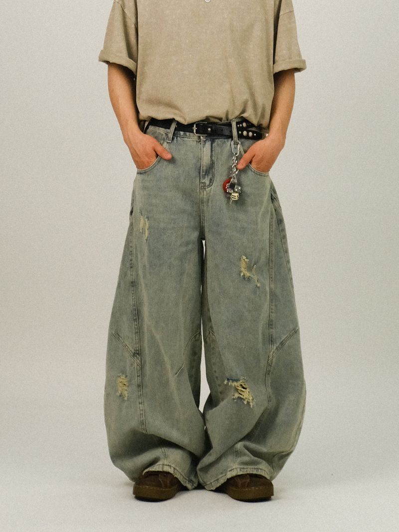EE CURVED DAMAGE DENIM PANTS