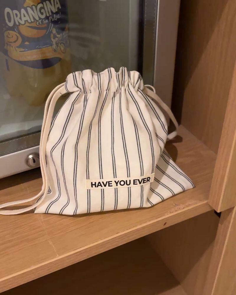 Pattern string pouch - beige stripe , M size