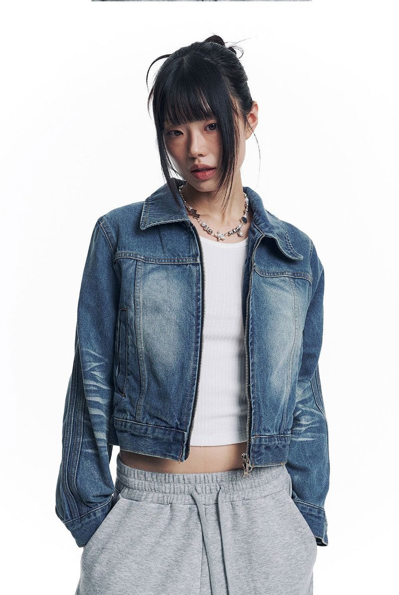 Washed Crop Track Denim Jacket - Deep Blue