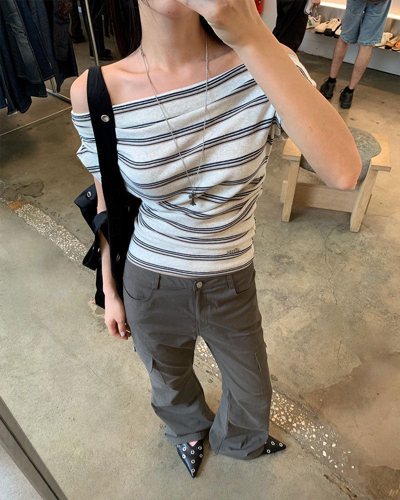 [ORIGINAL] Cree striped off-shoulder T-shirt