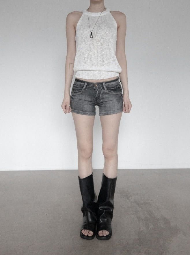 Fade pocket raw denim shorts