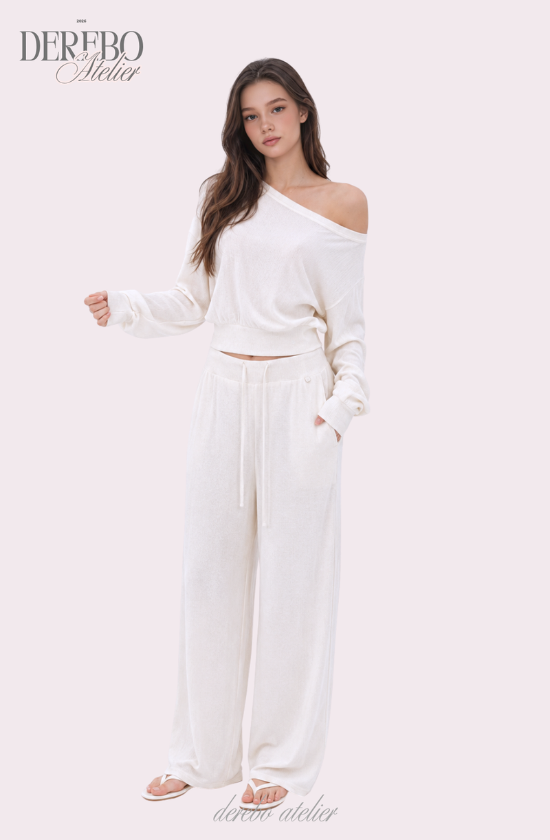 Waffle Asymmetrical Off-Shoulder Sweat Pants Set (TOP+PANTS SET)