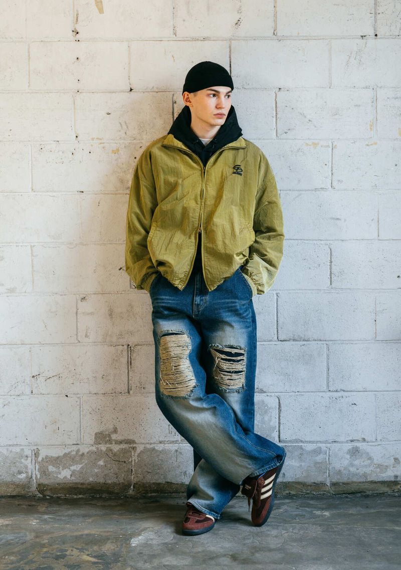 NYLON COLLAR WINDBRAKER - OLIVE