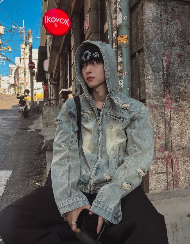 Chris damage hooded denim jacket