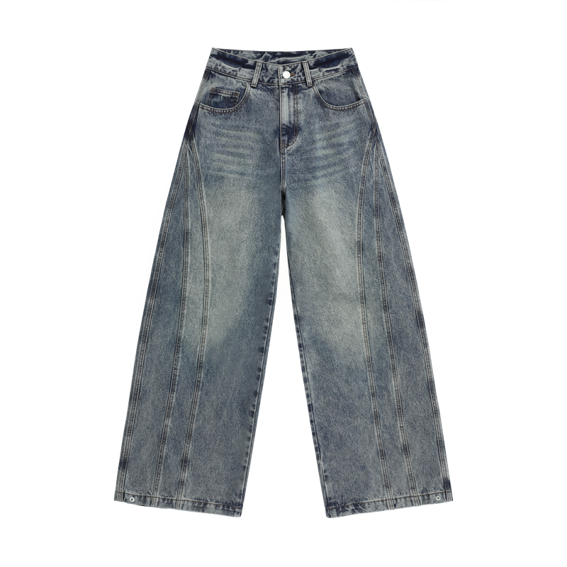 Curve Washed Snap Button Wide Denim Pants - 2COLOR