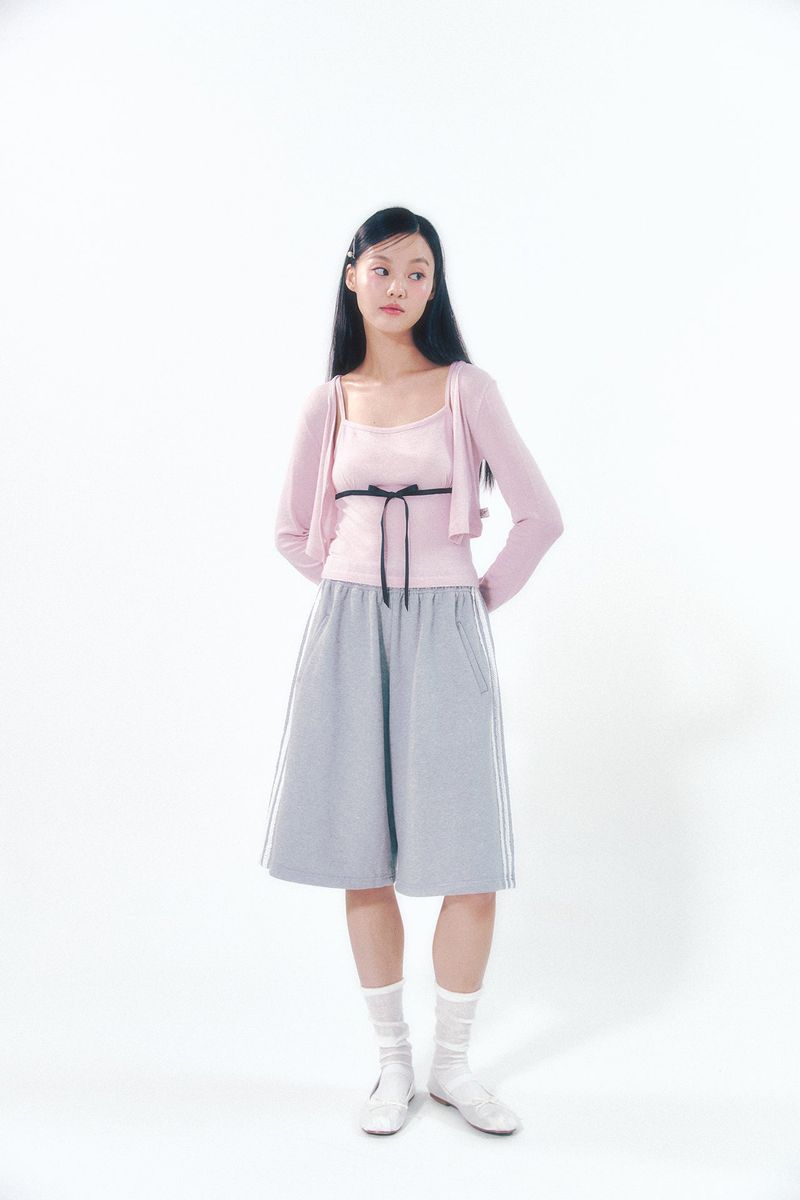 Knit Ribbon Shirring Top Set Pink