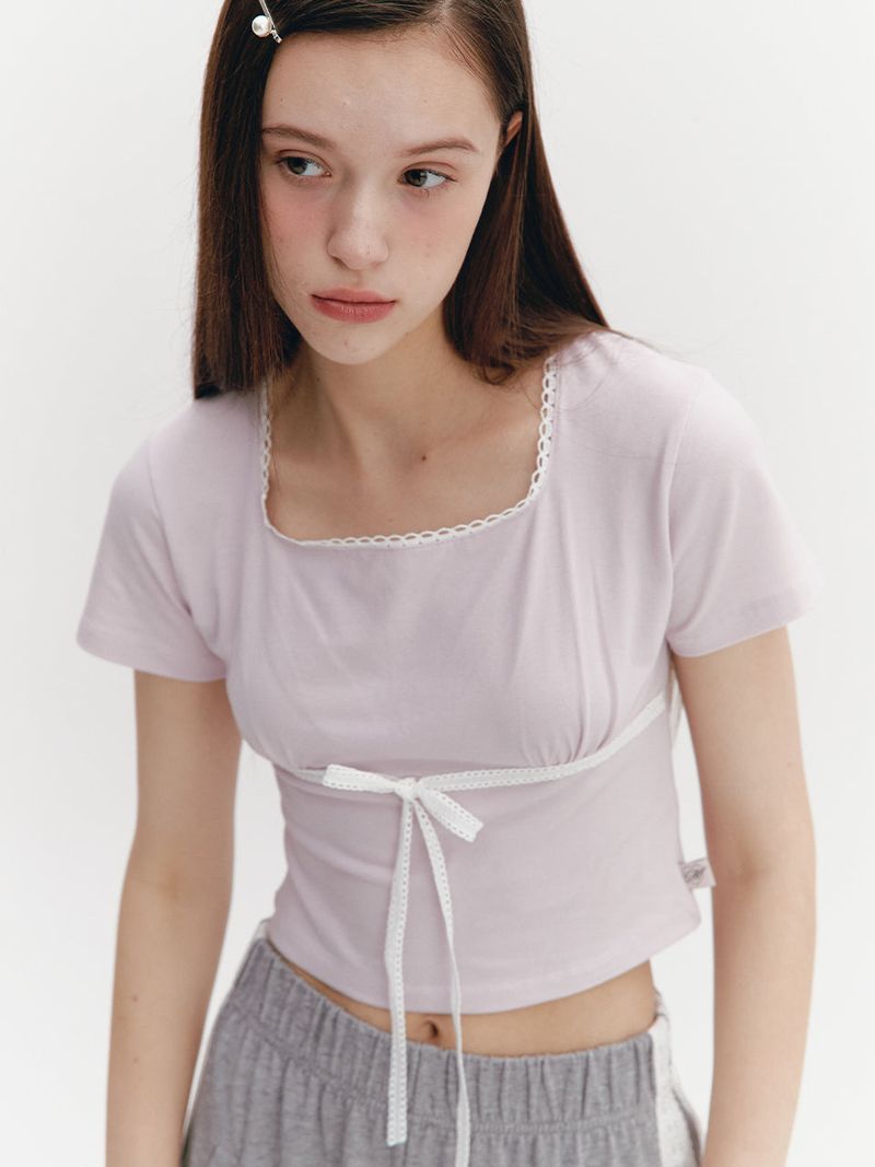 MOILLY(モイリー)の「Lace Ribbon Shirring Top Pink(Tops)」