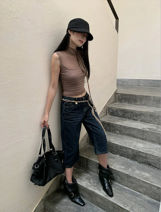 Retro straight capri denim pants