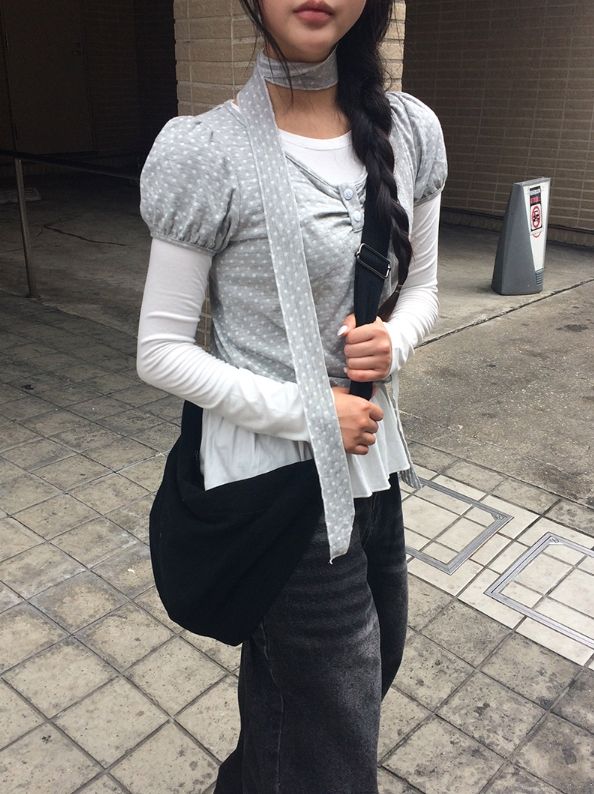 [3-piece Scarf set] ビューレン ドット レイヤード ボタン シャーリング ロングスリーブ Tシャツ