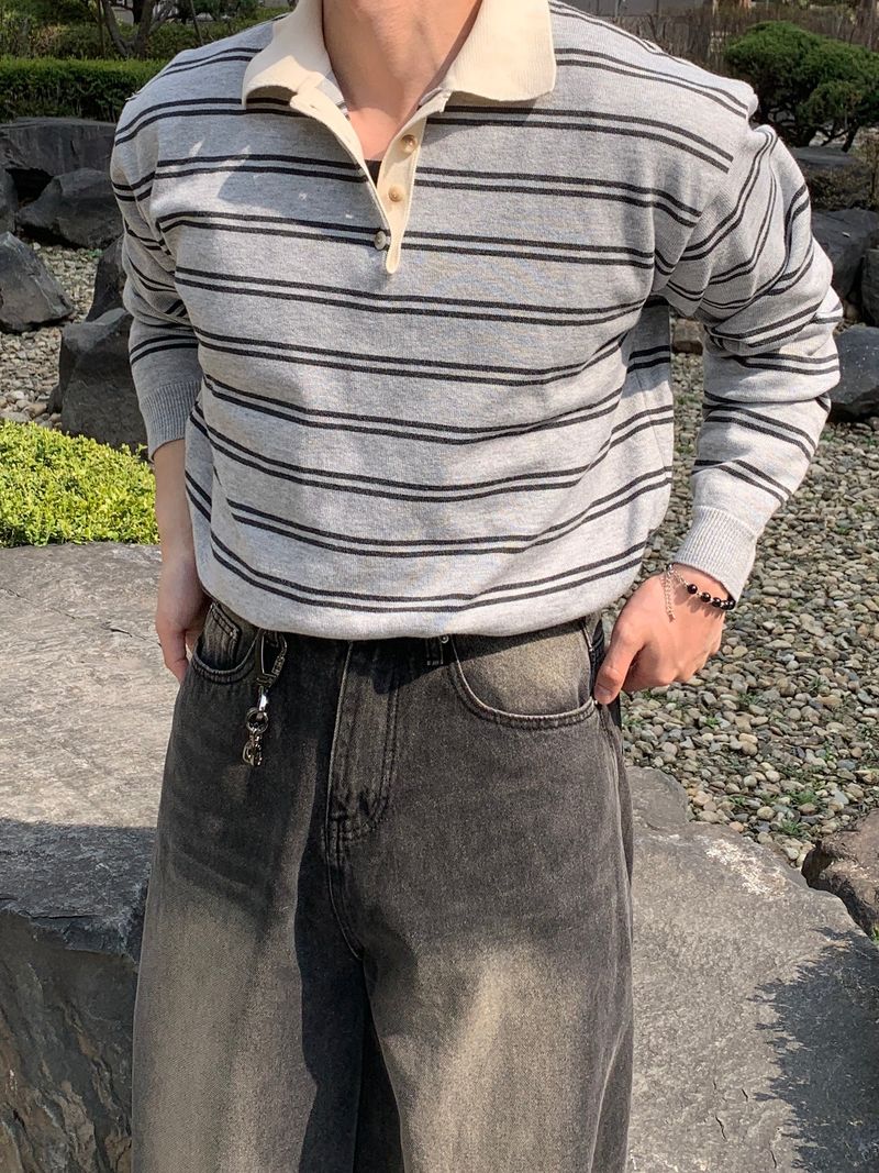 Mensfloor（メンズフロア）の「Button stripe collar knit（Tops）」